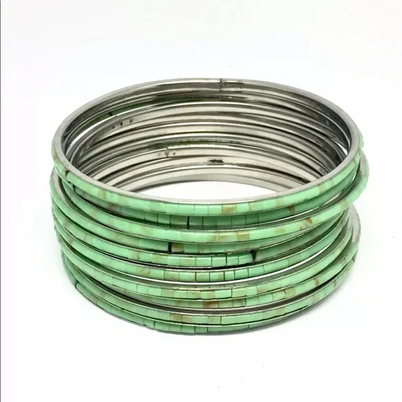Stack Of 10 Bangles Bracelets Inlaid She’ll Handmade Turquoise - Picture 8 of 14